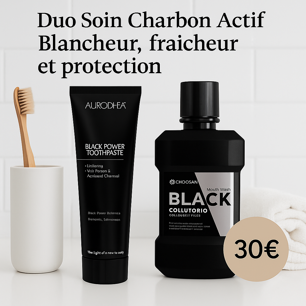 DUO SOIN CHARBON ACTIF – Dentifrice BLACK POWER + Bain de bouche BLACK