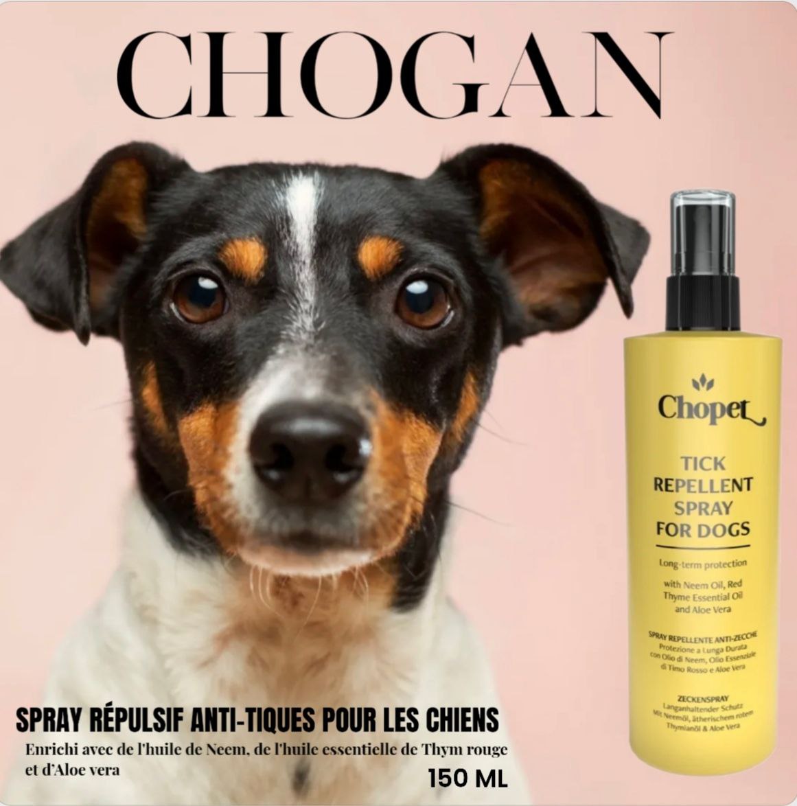ANB02B-Spray répulsif anti-tiques pour les chiens avec de l'huile de Neem, de l'huile essentielle de Thym rouge et d’Aloe Vera  - 150 ml